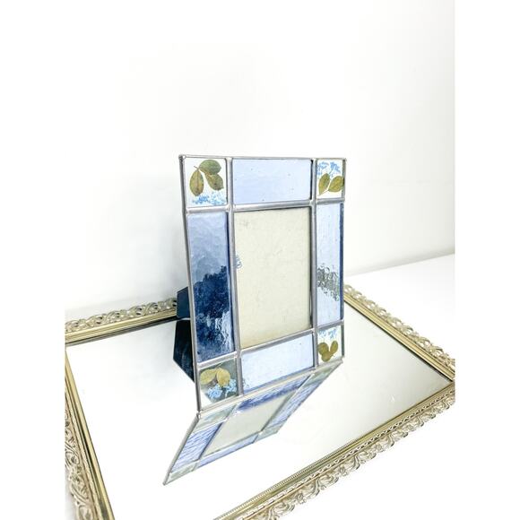 Vintage Stained Glass Picture Frame Pressed Flowers blue yellow holds 3.5" x 5" - Picture 1 of 8